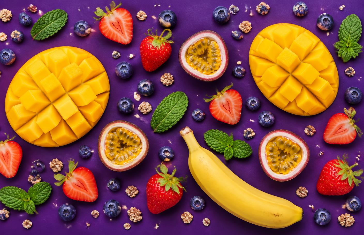 Mango, passion fruit, strawberries and granola laid out on a purple surface